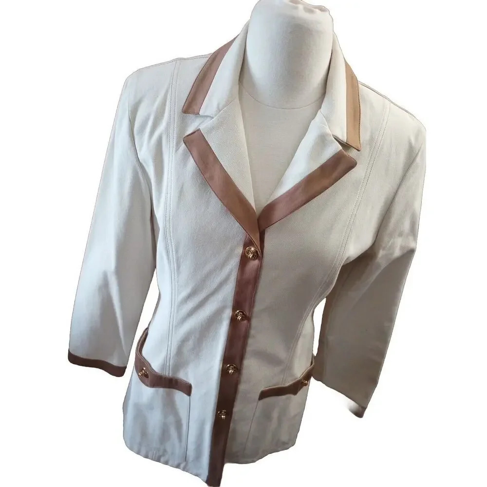 ST.‎ John Sport By Marie Gray Jacket Sz S Beige Brown Trim Gold Button Blazer